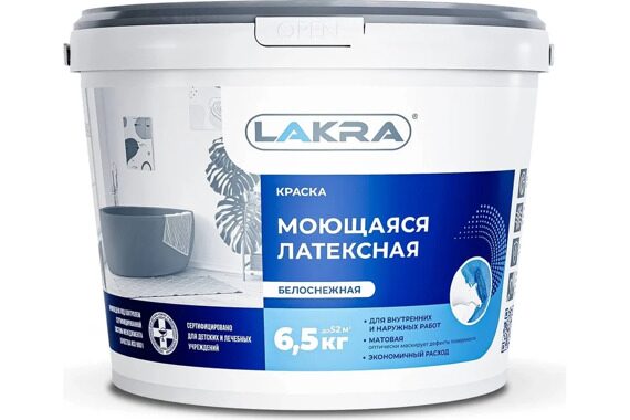 Краска моющаяся латексная ЛАКРА белоснежная 6,5кг, РФ